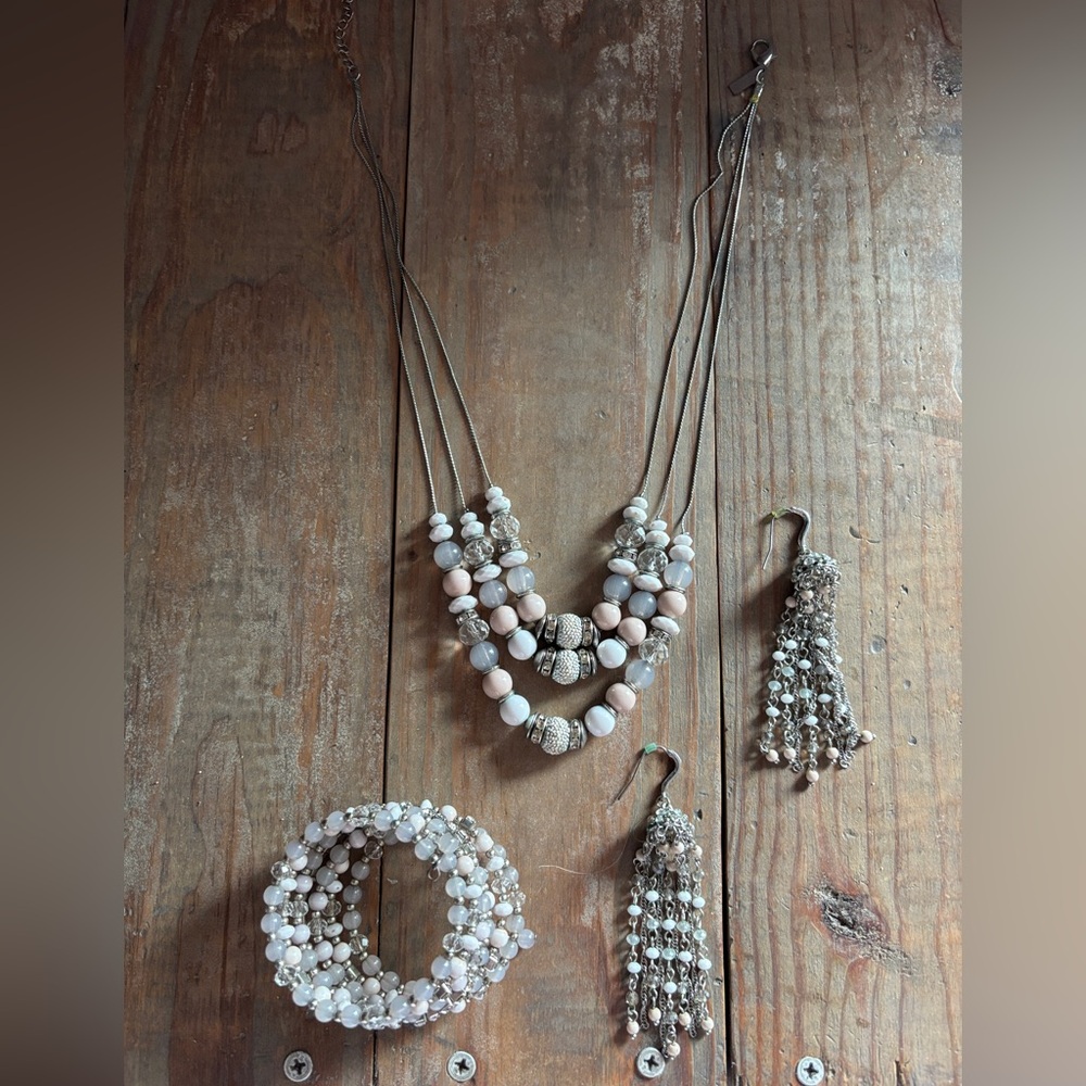 Elegant INC Beaded Jewelry Set in Cream Pale Pink and Silver